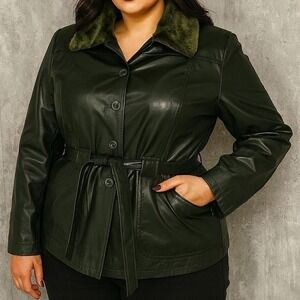 Morrow Women's Jacket L Green Belted Faux Fur Collar Button Front Coat Y2K Retro